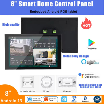 2026 New Wall Mount 8 Inch Android 13 POE Tablet Metal Body Smart Home Control Panel Support Tuya Home Assistant